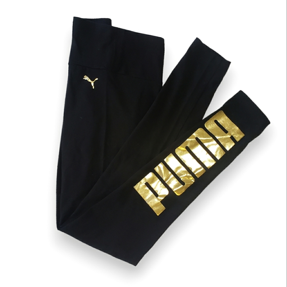 Puma Leggings | Black w Metallic Gold Logo | Size Medium